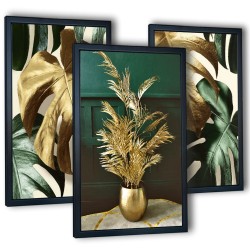 3 obrazy do salonu w ramach tryptyk złoty wazon liście Monstera